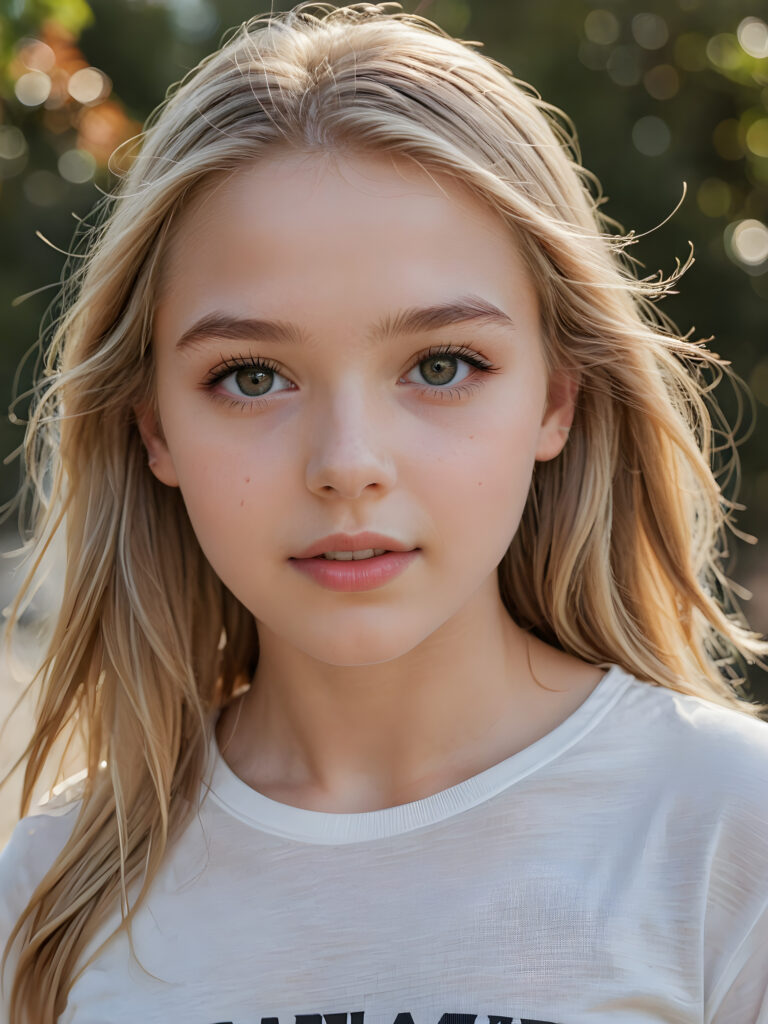 a beautiful and detailed portrait of a young and pretty white-skinned model girl, 14 years old, long straight soft blonde hair falls over her shoulders, she wears a thin short t-shirt and looks at the viewer with her big shining eyes, full lips and mouth slightly open, her skin is flawlessly beautiful, she has a wonderfull curved body ((side view))