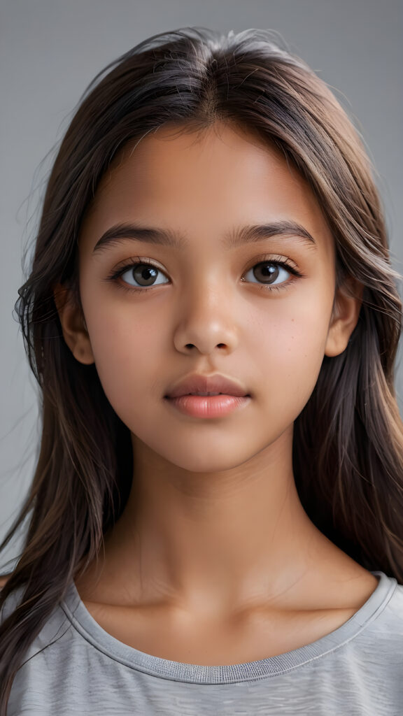 a beautiful and detailed portrait of a young brown-skinned girl, 13 years old, long, straight obsidian hair falls over her shoulders, she wears a thin t-shirt and looks seductively at the viewer with her big shining eyes, full lips and mouth slightly open, her silvery skin is flawlessly beautiful, side view, upper body, ((grey background))