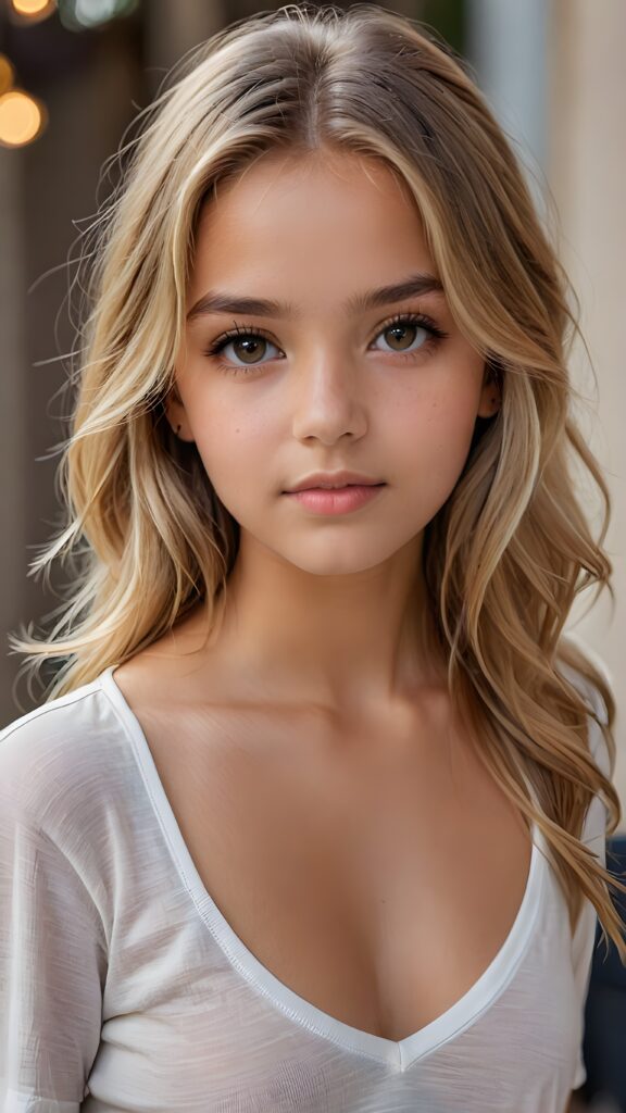 a beautiful and detailed portrait of a young and pretty tanned model girl, 14 years old, long straight soft blonde hair falls over her shoulders, she wears a thin short t-shirt with deep v-neck and looks seductively at the viewer with her big shining eyes, full lips, her skin is flawlessly beautiful, she has a wonderfull curved body ((side view))