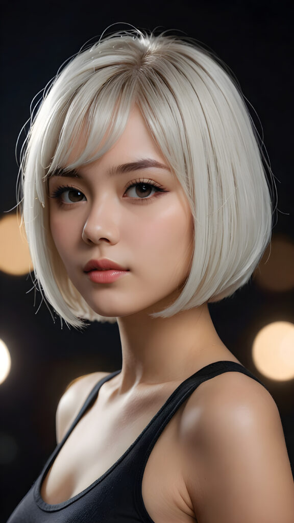 a (((beautiful girl))) with a (((bob cut hair style, soft straight white hair))), accompanied by (((volumetric lighting))) that bring out the (masterpiece) details, all against a (plain, dark backdrop) that focuses on the (face) and its intricate, (hyper-realistic) features, captures the essence of (digital art), ((black dressed in an short tank top))