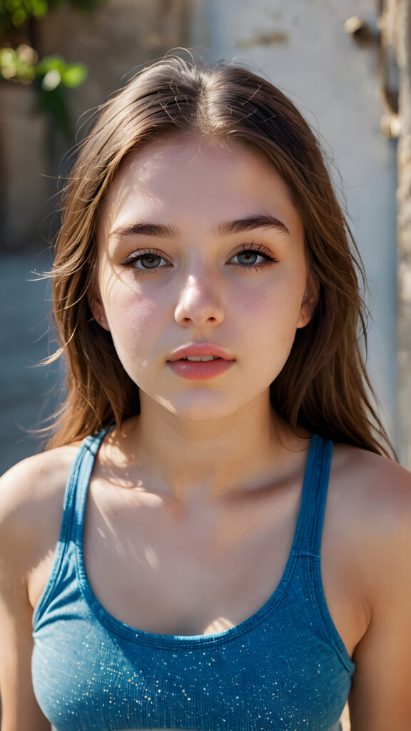 a (((beautiful young teen girl))) (((detailed perspective from above))), clad in a (((tank top))), with delicate features and (full, kissable lips), soft long straight hair, she closed her eyes and opened her mouth slightly.