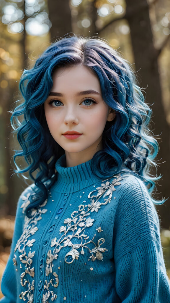 a (((beautiful young teen girl))), with pale skin and (((shiny blue flecks))), along with luxuriously wavy, (((blue hair curls))), wearing a super fine, (((wool sweater))), reminiscent of the iconic Filigree style, set against a (((softly detailed, fantastical environment))) that exudes a (((whimsically magical aura))), with intricate details that evoke a (((sparkling, shimmering wonder)))