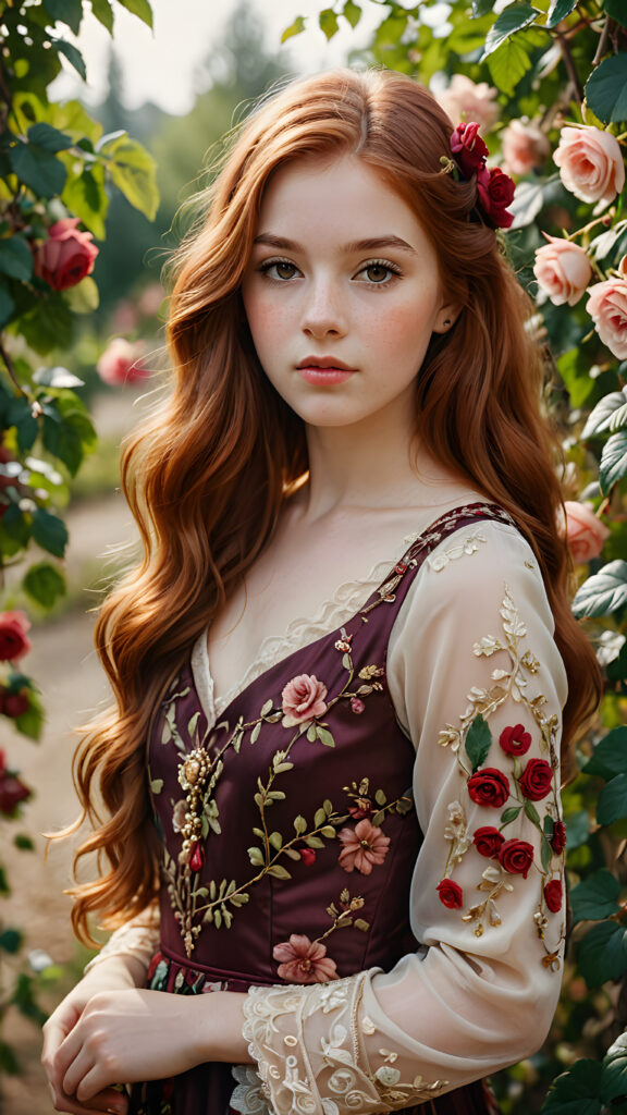 a (((beautiful oil portrait))), featuring a young girl with flowing (((long auburn hair))), intricate details drawn using shades of red wine grapes and vines interwoven with delicate ((roses)), her face captured in a serene expression, dressed in a luxurious ((long dress)) adorned with ornate patterns of roses