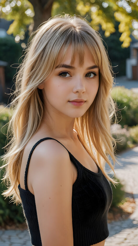 a beautiful (((young girl))), age 15, (pretty), (very long, straight, thick, untucked natural white golden blonde hair) (long hair) (bangs cut) (black short crop top made of fine wool) (realistic, detailed photo)