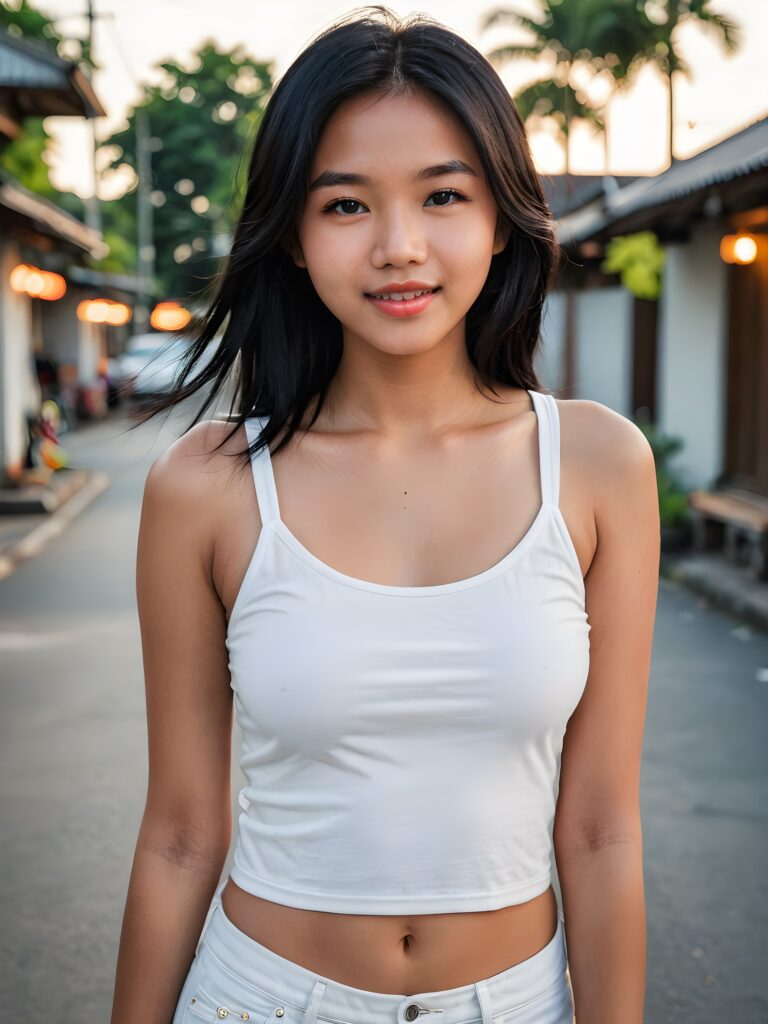 a beautiful (((Indonesian teen girl, 15 years old))), with long, jet soft (((black hair))), styled in a sleek, shiny, straight haircut with sharp, defined (((full lips))), emitting an ethereal glow that complements her otherwise natural features, dressed in a (((white short cropped tank top))), she radiates pure joy