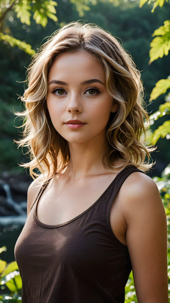 a beautiful (((girl))), with thin but defined figures, dressed in a short, sleeveless, ((dark brown t-shirt)), luxurious, flowing, long, dark blonde waves framing her gently angled face with soft, naturally wavy blonde hair and piercing, brown eyes, set against a backdrop of a (nature-filled) (HD photography) scene, with intricate details and vivid colors that capture the essence of a realistic and natural environment