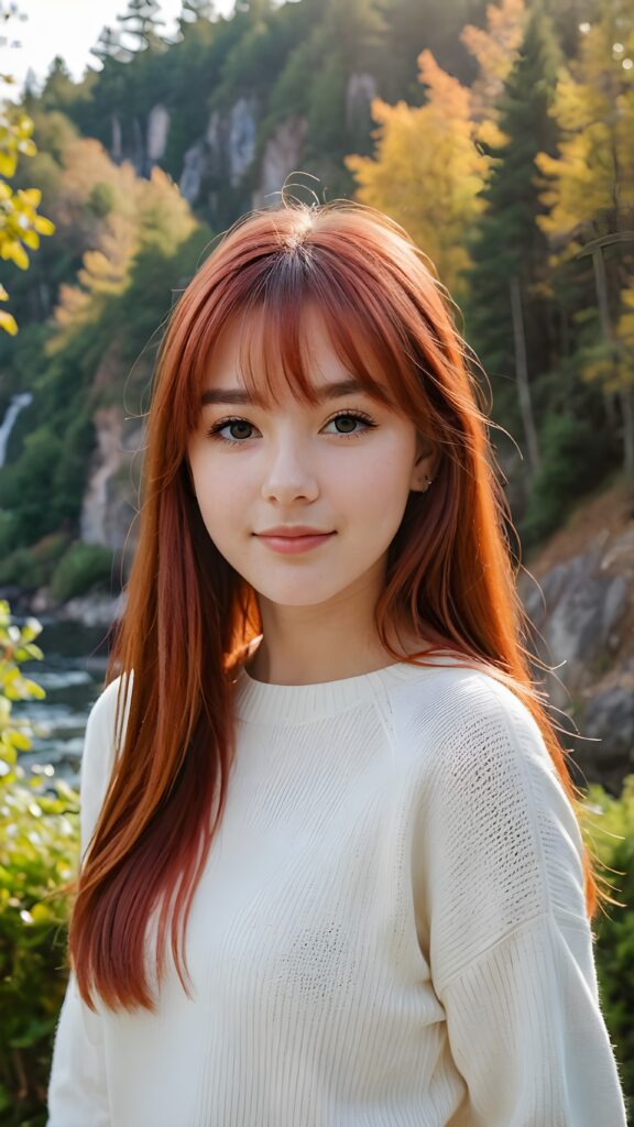 a beautiful (((pretty young teen girl))), with long, silky, shiny straight long neon red hair, bangs cut framing her found face, wearing a thin, white sweater, her hair extends beyond her shoulders, she looks cheerfully at the viewer, perfect curved body, natural backdrop