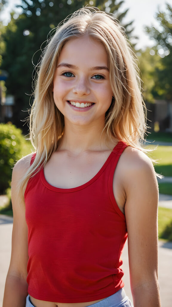 a (((beautiful teenage girl))), 13 years old, long, straight, soft, platinum blond hair, almond-shaped face, big blue eyes, ((delicate)) ((elegant)) ((well-defined)) nose, ((pale)) skin, (((smiling))) with ((perfect teeth)), wearing a ((solid red plain fitness tank top))