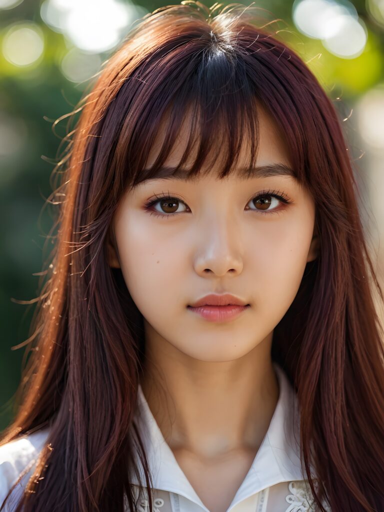 a beautiful close-up portrait of a young and pretty Oriental teen girl, 15 years old. She has an angelic face and long, straight ((maroon hair)) in bangs cut, full lips, (light brown eyes)), ((detailed)) ((stunning)) ((gorgeous)), perfect light, realistic shadows