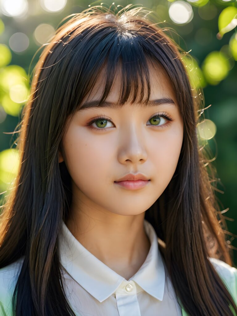 a beautiful close-up portrait of a young and pretty Asian teen girl, 15 years old. She has an angelic face and long, straight hair in bangs cut, (light green eyes)), ((detailed)) ((stunning)) ((gorgeous)), perfect light, realistic shadows