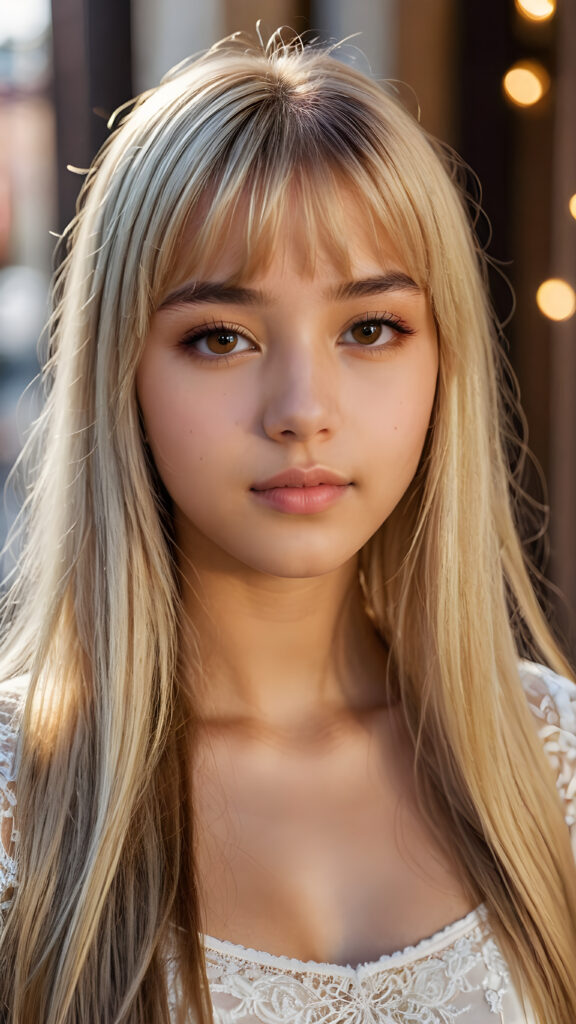 a beautiful close-up portrait of a young and pretty Exotic teen girl, 15 years old. She has an angelic face and long, straight ((platinum blond hair)) in bangs cut, (light brown eyes)), ((detailed)) ((stunning)) ((gorgeous)), perfect light, realistic shadows