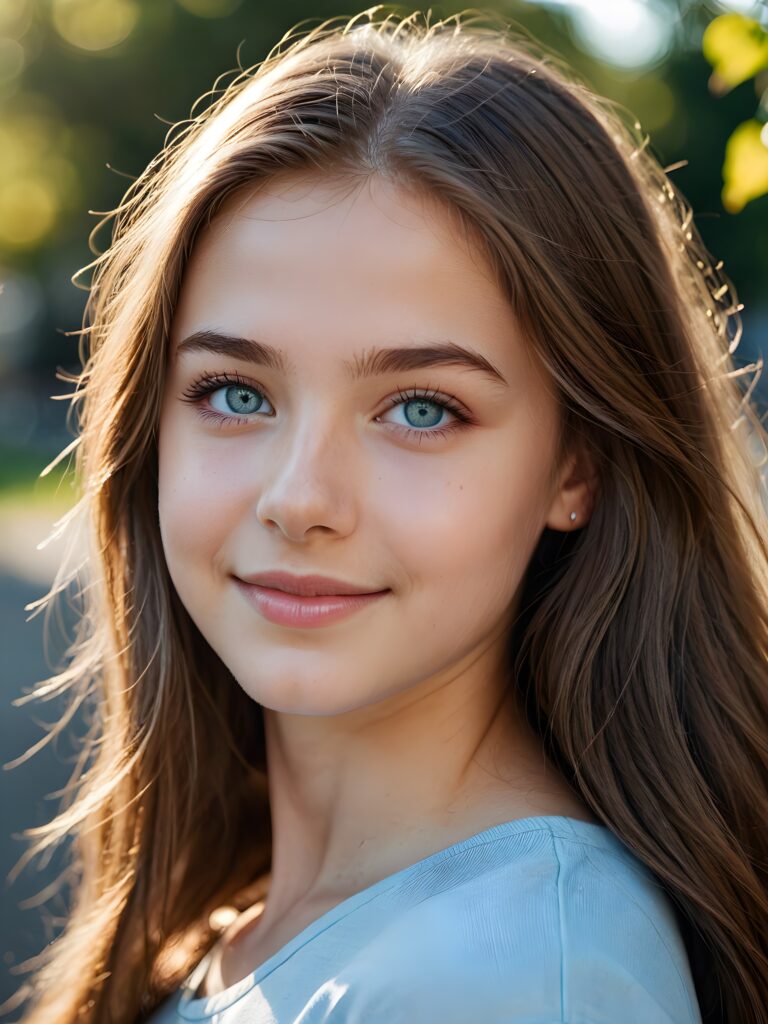 a beautiful close-up portrait of a young and pretty teen girl, 15 years old. She has an angelic face and long, straight brown hair, (light blue eyes)) ((detailed)) ((stunning)) ((gorgeous)), perfect light, realistic shadows, smile, side view