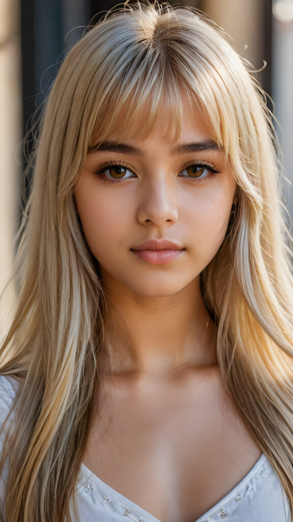 a beautiful close-up portrait of a young and pretty Exotic teen girl, 15 years old. She has an angelic face and long, straight ((platinum blond hair)) in bangs cut, (light brown eyes)), ((detailed)) ((stunning)) ((gorgeous)), perfect light, realistic shadows