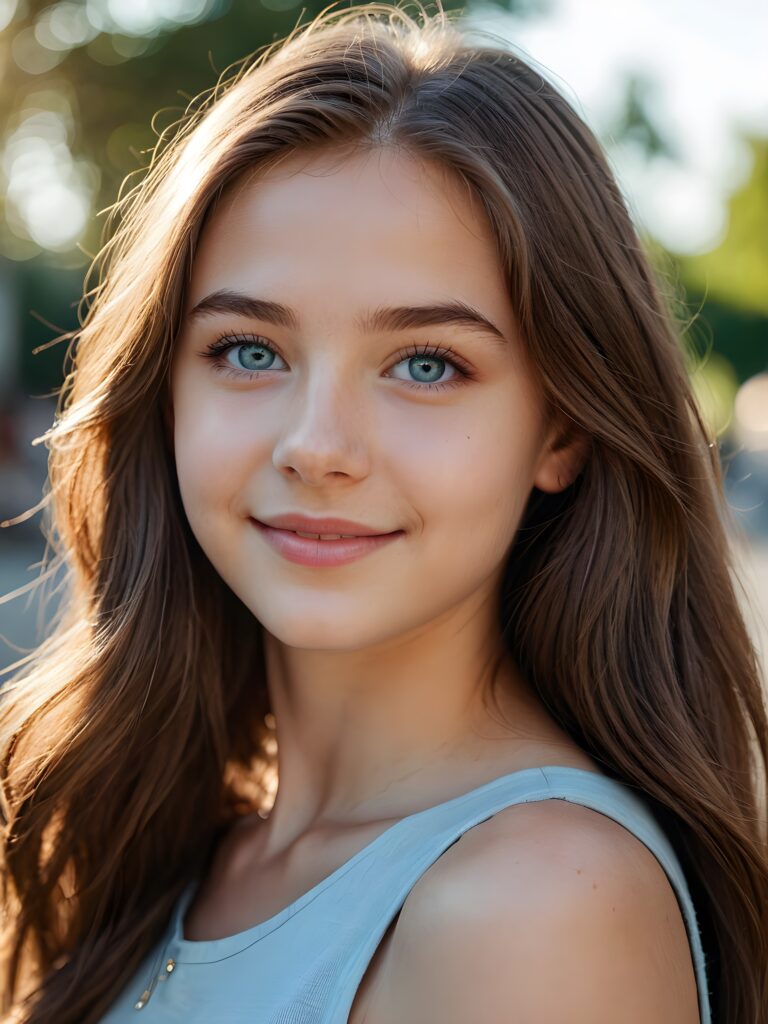 a beautiful close-up portrait of a young and pretty teen girl, 15 years old. She has an angelic face and long, straight brown hair, (light blue eyes)) ((detailed)) ((stunning)) ((gorgeous)), perfect light, realistic shadows, smile, side view