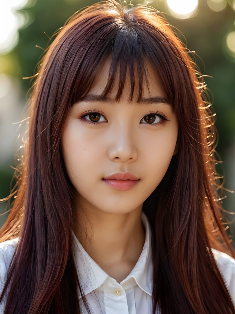 a beautiful close-up portrait of a young and pretty Oriental teen girl, 15 years old. She has an angelic face and long, straight ((maroon hair)) in bangs cut, full lips, (light brown eyes)), ((detailed)) ((stunning)) ((gorgeous)), perfect light, realistic shadows