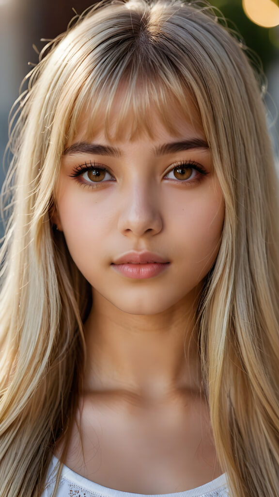 a beautiful close-up portrait of a young and pretty Exotic teen girl, 15 years old. She has an angelic face and long, straight ((platinum blond hair)) in bangs cut, (light brown eyes)), ((detailed)) ((stunning)) ((gorgeous)), perfect light, realistic shadows