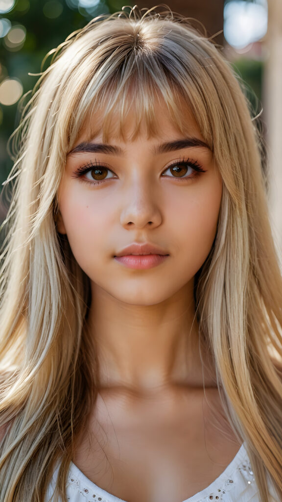 a beautiful close-up portrait of a young and pretty Exotic teen girl, 15 years old. She has an angelic face and long, straight ((platinum blond hair)) in bangs cut, (light brown eyes)), ((detailed)) ((stunning)) ((gorgeous)), perfect light, realistic shadows