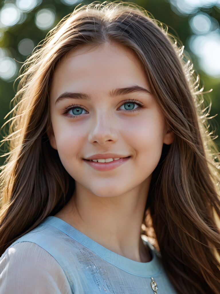 a beautiful close-up portrait of a young and pretty teen girl, 15 years old. She has an angelic face and long, straight brown hair, (light blue eyes)) ((detailed)) ((stunning)) ((gorgeous)), perfect light, realistic shadows, smile, side view