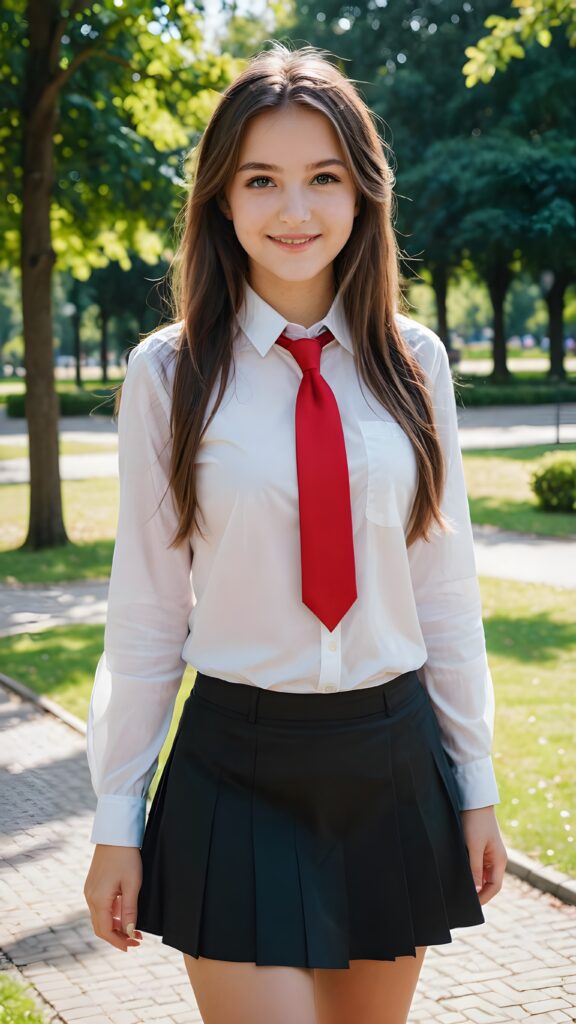 a beautiful cutest girl 15 years old, straight very long brown hair, blue eyes, wearing a black mini skirt and a white shirt and a red tie, she is smiling, in a parc