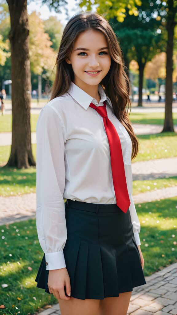 a beautiful cutest girl 15 years old, straight very long brown hair, blue eyes, wearing a black mini skirt and a white shirt and a red tie, she is smiling, in a parc