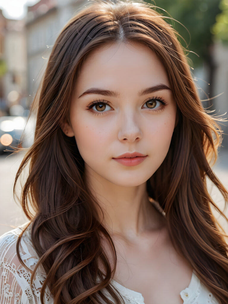 a beautiful cute girl, ((round face)), ((close-up portrait)), ((realistic and detailed)), ((empty background)), ((beautiful)), ((gorgeous)), ((stunning)), ((slender)), ((fit body)), ((pale skin)), ((long jet brown hair)), ((woman))