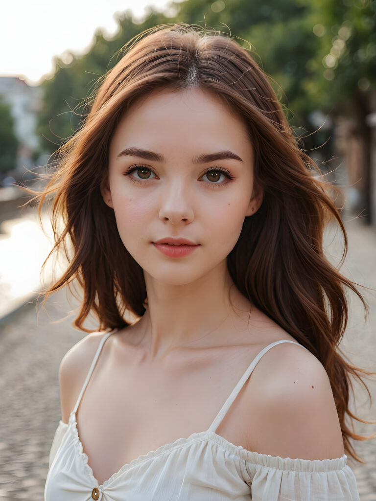 a beautiful cute girl, ((round face)), ((close-up portrait)), ((realistic and detailed)), ((empty background)), ((beautiful)), ((gorgeous)), ((stunning)), ((slender)), ((fit body)), ((pale skin)), ((long jet brown hair)), ((woman))