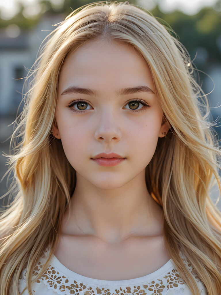 a beautiful cute teen girl, 13 years old, ((round face)), ((close-up portrait)), ((realistic and detailed)), ((empty background)), ((beautiful)), ((gorgeous)), ((stunning)), ((slender)), ((fit body)), ((pale skin)), ((long jet gold-blonde hair))