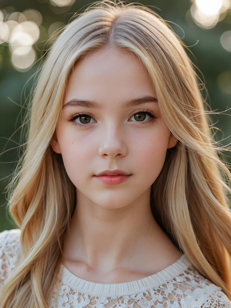 a beautiful cute teen girl, 13 years old, ((round face)), ((close-up portrait)), ((realistic and detailed)), ((empty background)), ((beautiful)), ((gorgeous)), ((stunning)), ((slender)), ((fit body)), ((pale skin)), ((long jet gold-blonde hair))