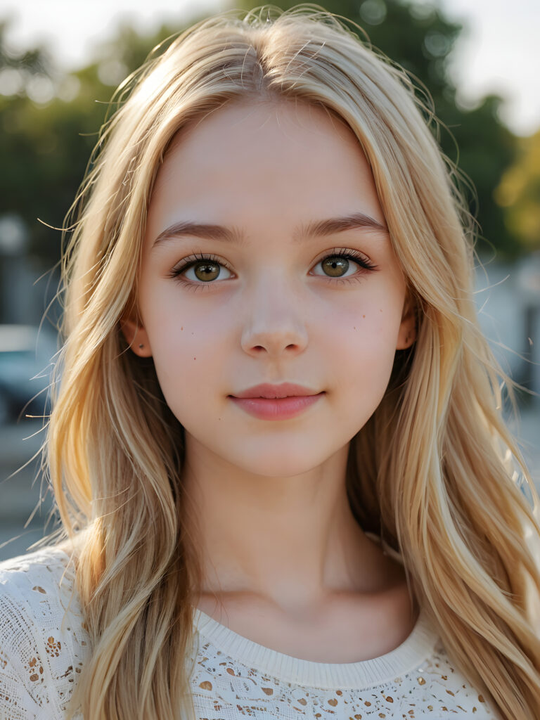 a beautiful cute teen girl, 13 years old, ((round face)), ((close-up portrait)), ((realistic and detailed)), ((empty background)), ((beautiful)), ((gorgeous)), ((stunning)), ((slender)), ((fit body)), ((pale skin)), ((long jet gold-blonde hair))