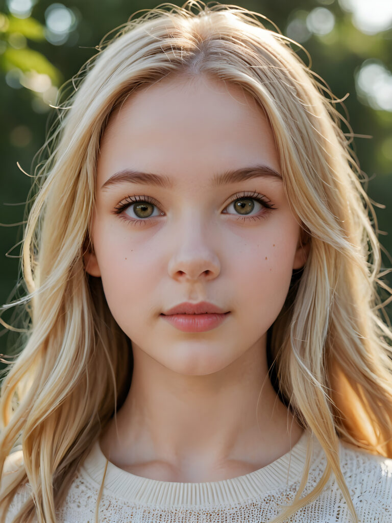 a beautiful cute teen girl, 13 years old, ((round face)), ((close-up portrait)), ((realistic and detailed)), ((empty background)), ((beautiful)), ((gorgeous)), ((stunning)), ((slender)), ((fit body)), ((pale skin)), ((long jet gold-blonde hair))