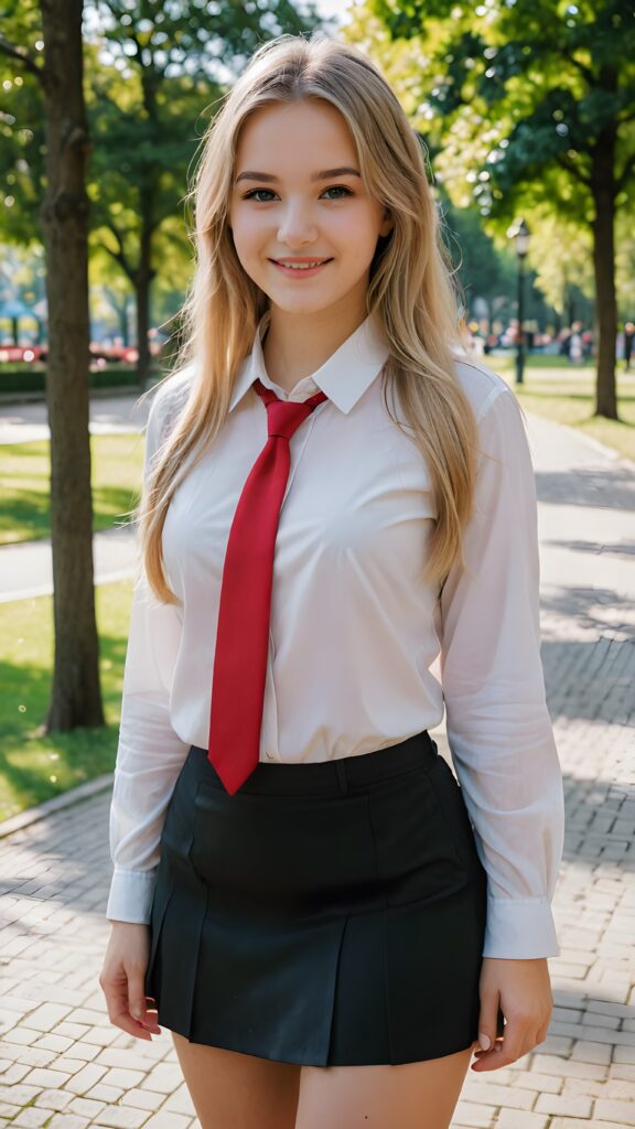 a beautiful cutest girl 15 years old, straight very long soft blonde hair, wearing a black mini skirt and a white shirt and a red tie, she is smiling, in a parc