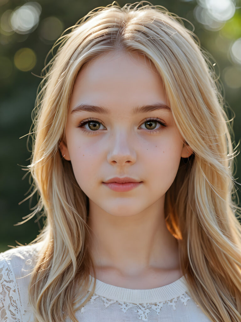 a beautiful cute teen girl, 13 years old, ((round face)), ((close-up portrait)), ((realistic and detailed)), ((empty background)), ((beautiful)), ((gorgeous)), ((stunning)), ((slender)), ((fit body)), ((pale skin)), ((long jet gold-blonde hair))