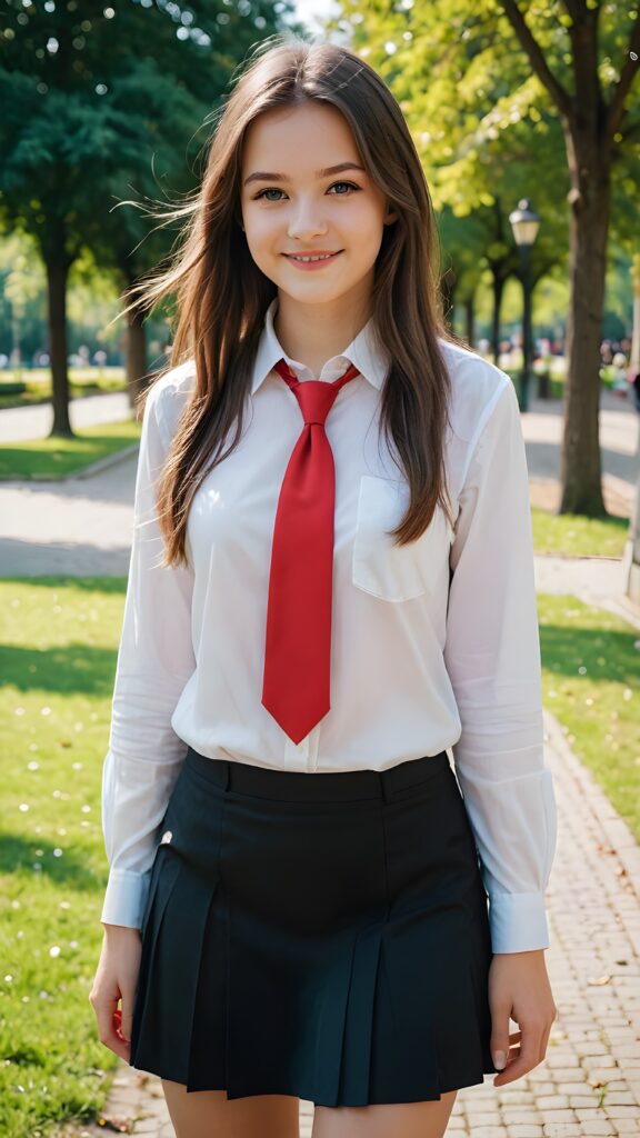 a beautiful cutest girl 15 years old, straight very long brown hair, blue eyes, wearing a black mini skirt and a white shirt and a red tie, she is smiling, in a parc