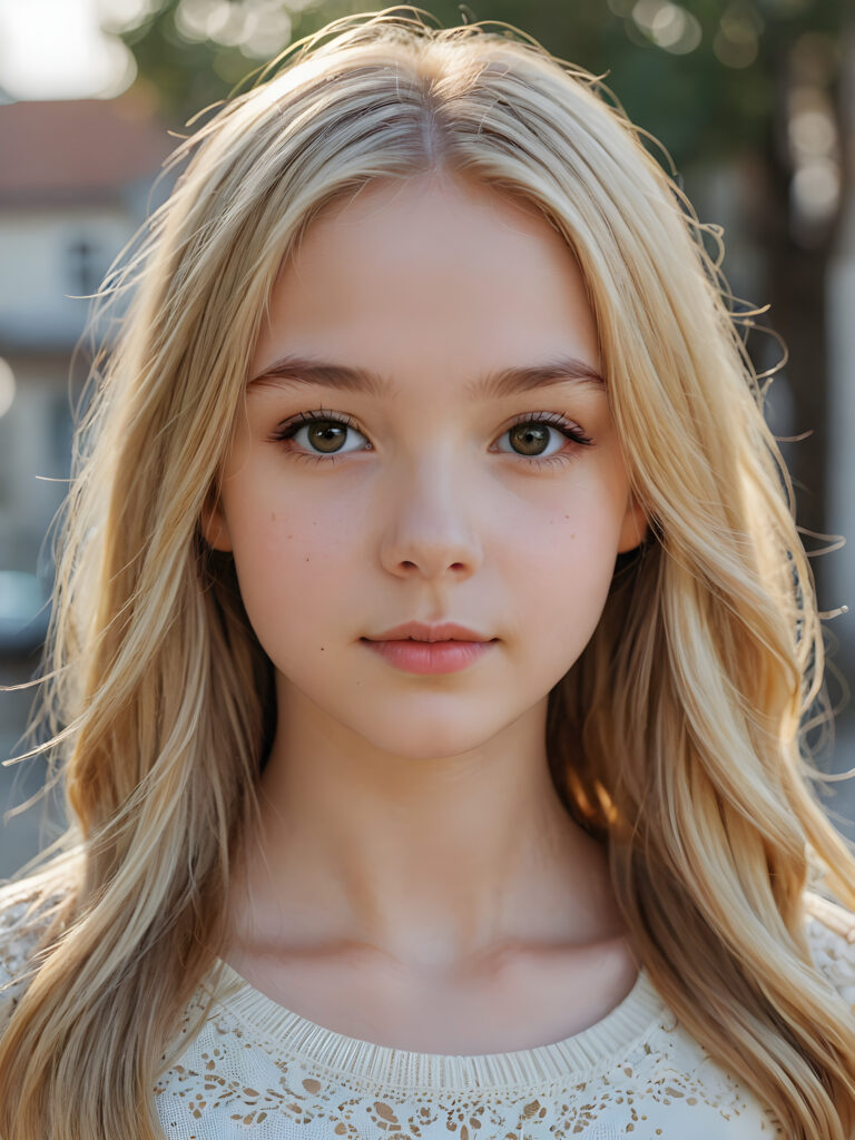 a beautiful cute teen girl, 13 years old, ((round face)), ((close-up portrait)), ((realistic and detailed)), ((empty background)), ((beautiful)), ((gorgeous)), ((stunning)), ((slender)), ((fit body)), ((pale skin)), ((long jet gold-blonde hair))