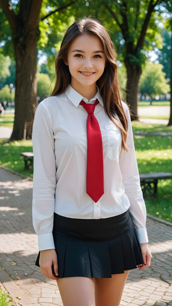 a beautiful cutest girl 15 years old, straight very long brown hair, blue eyes, wearing a black mini skirt and a white shirt and a red tie, she is smiling, in a parc