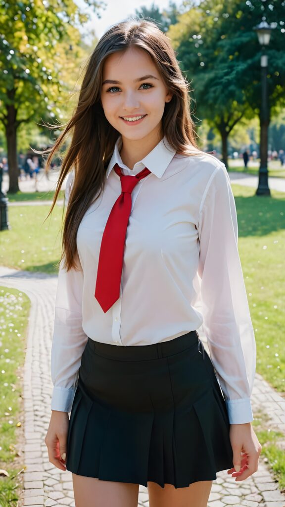 a beautiful cutest girl 15 years old, straight very long brown hair, blue eyes, wearing a black mini skirt and a white shirt and a red tie, she is smiling, in a parc