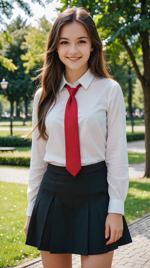 a beautiful cutest girl 15 years old, straight very long brown hair, blue eyes, wearing a black mini skirt and a white shirt and a red tie, she is smiling, in a parc