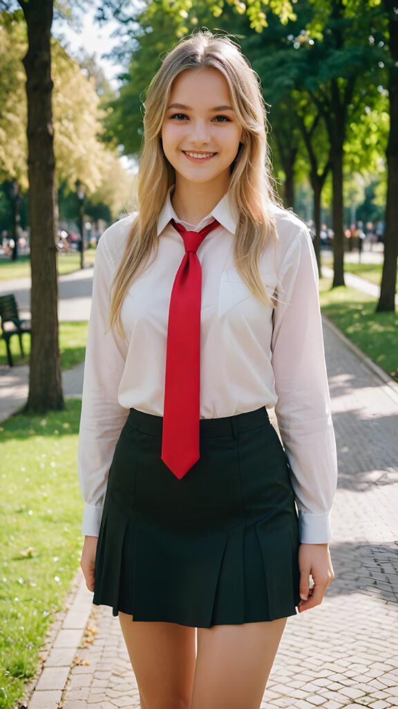 a beautiful cutest girl 15 years old, straight very long soft blonde hair, wearing a black mini skirt and a white shirt and a red tie, she is smiling, in a parc