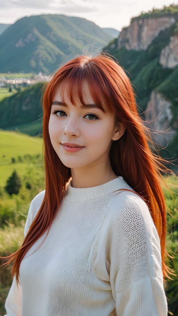 a beautiful (((pretty young teen girl))), with long, silky, shiny straight long neon red hair, bangs cut framing her found face, wearing a thin, white sweater, her hair extends beyond her shoulders, she looks cheerfully at the viewer, perfect curved body, natural backdrop