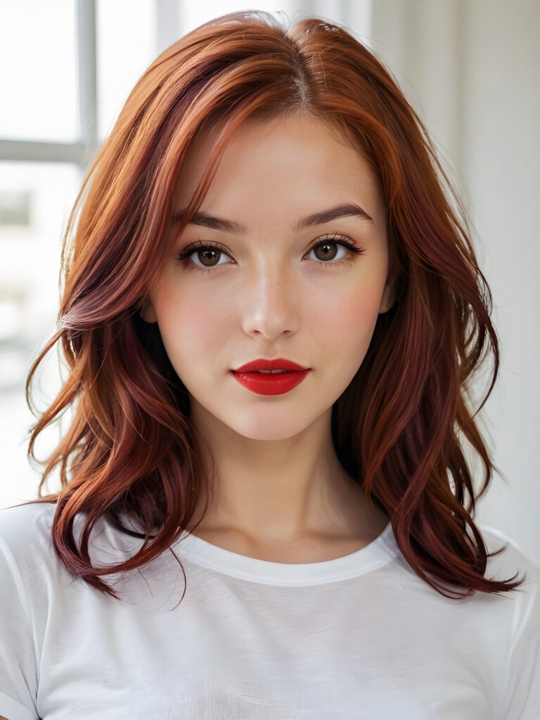 a beautiful (((young girl))), with long, flowing (((red hair))), styled in a sleek, shiny, straight haircut with sharp, defined (((red lips))), emitting an ethereal glow that complements her otherwise natural features, dressed in a (((white t-shirt))), poised confidently in a classic, casual setting, with her loosely curled red lips and a warm smile that exude cuteness