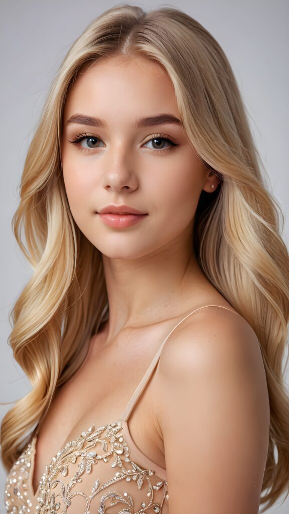 a (((beautiful young teen girl))) with a sleek, ((upper body close-up)), showcasing elegant details like curves and contours ((empty background)) ((stunning)) ((cute)) ((gorgeous)) ((blonde, shoulder long hair, hair))