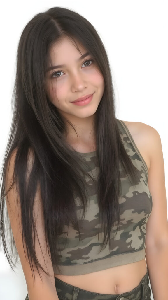 a (((beautiful teen girl, 15 years old))) with a sleek, (((upper body))), straight soft black hair, intricate details like perfect curves and contours popping against an (((empty backdrop))), exuding an (((intoxicating aura))) that draws the eye, capturing essence of both (((cuteness))) and (((staggering beauty))) with long hair and a (((camouflage-colored super short crop top))) that blends into a (((hyper realistic)))