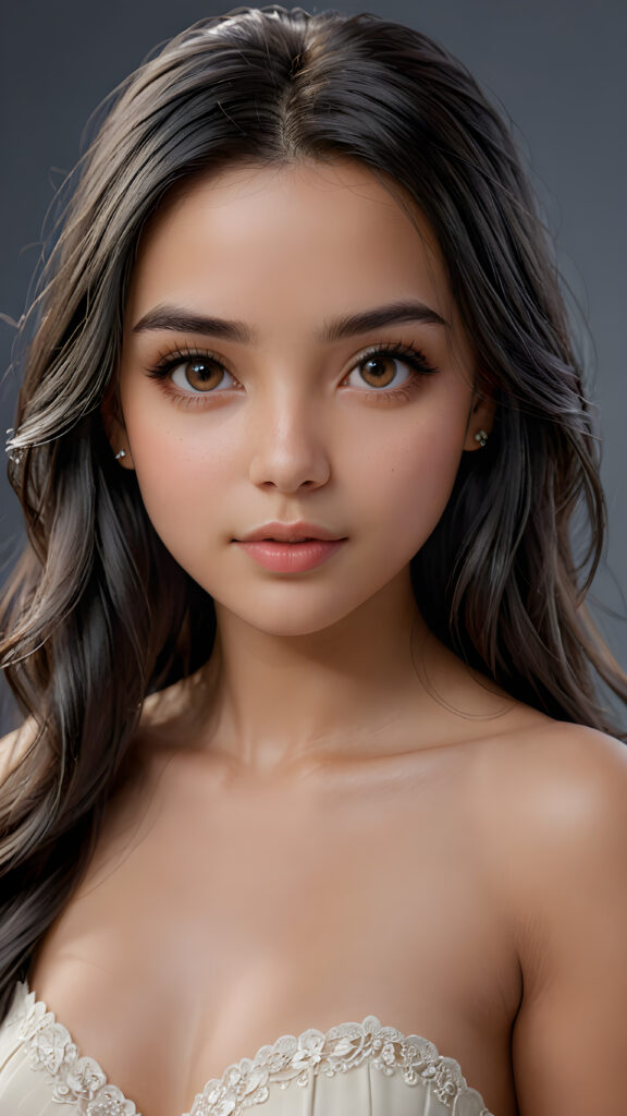 a (((beautiful young girl))) with long, straight black hair and (realistic) dark brown eyes, perfect for showcasing extremely detailed curved body, highly detailed realistic anatomy, realistic digital painting, (((looks at the camera)))