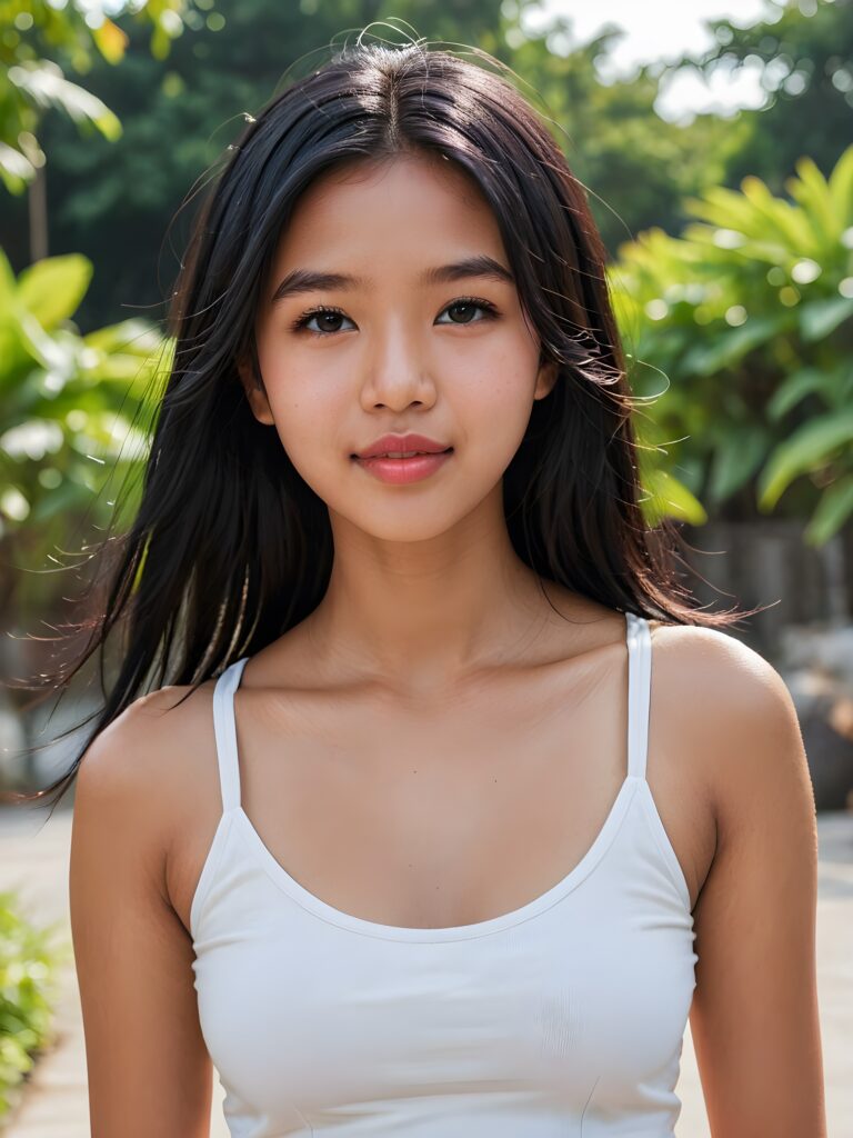 a beautiful (((Indonesian teen girl, 15 years old))), with long, jet soft (((black hair))), styled in a sleek, shiny, straight haircut with sharp, defined (((full lips))), emitting an ethereal glow that complements her otherwise natural features, dressed in a (((white short cropped tank top))), she radiates pure joy