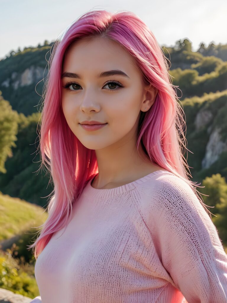 a beautiful (((pretty young teen girl))), with long, silky, shiny straight neon pink hair, wearing a thin, sweater, her hair extends beyond her shoulders, she looks cheerfully at the viewer, perfect curved body, natural backdrop