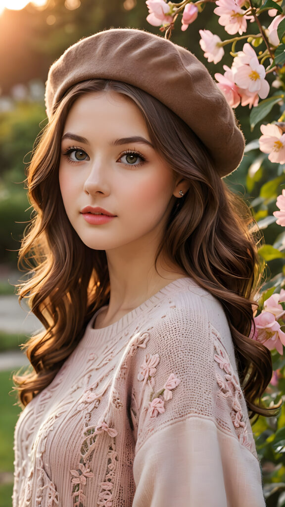 a (((beautiful girl with long, brown hair and gray eyes))), who exudes a distinct (((sharpness))), coupled with (((pale skin))) and (((vividly hued lips))) that curve into a (((wavy hairstyle))), dressed in a (((brown sweater))), a (((charming brown beret))) adorned with delicate, (((pink flowers))) and intricate patterns that reflect the (sunny park) backdrop, sitting calmly as she takes in the (((gorgeous sunset))), with an ethereal (((orange sunset cloud))). The scene radiates warmth and serenity