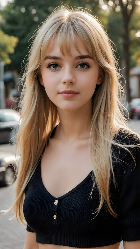 a beautiful (((young girl))), age 15, (pretty), (very long, straight, thick, untucked natural white golden blonde hair) (long hair) (bangs cut) (black short crop top made of fine wool) (realistic, detailed photo)