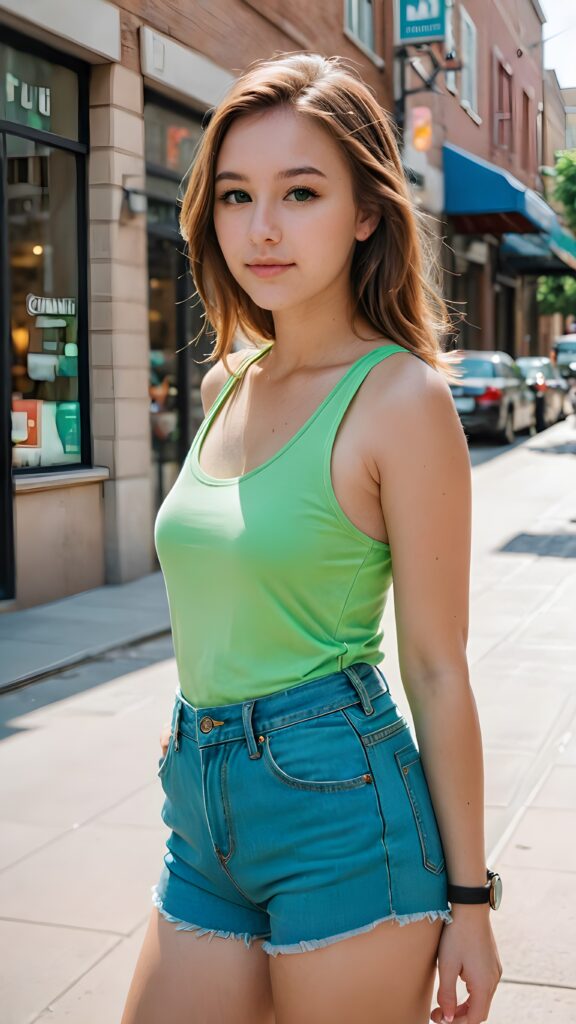 a (((beautiful young girl))) with a curvy silhouette and (((straight light brown hair))), complemented by (((pale, flawless skin))). She's dressed in a (((vivid green tank top))), (((blue jean shorts))), and (((comfortable sneakers))), capturing a carefree vibe as she strolls through (modern, bustling downtown)