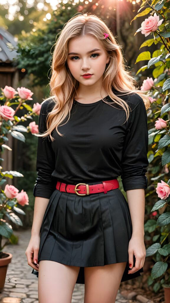 a (((beautiful girl age 16 years old))), with long, flowing blonde hair and a red tuft, wearing a (((black shirt and mini skirt))), paired with a (((vintage-inspired red belt))), accessorizing with a (((vintage-inspired pink brush and a warm, faded rose))), as the sun sets behind her