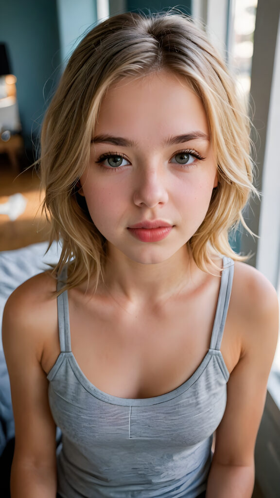 a (((beautiful young teen girl))) (((detailed perspective from above))), clad in a (((plain tank top with deep v-neck))), with delicate features and (full, kissable lips), she closed her eyes and opened her mouth slightly, she has long, straight soft blond hair